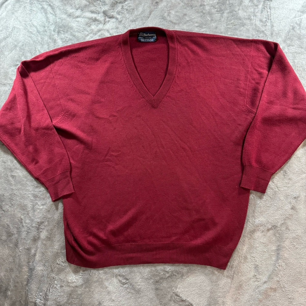 Vintage Burberrys Sweater Mens XL‎ Red Merino Wool V-Neck Academia 80s Scotland